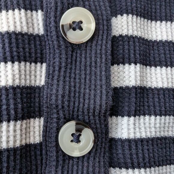 Organic Cotton Striped Black and White Polo Long Sleeve Waffle T Shirt M - Picture 4 of 7